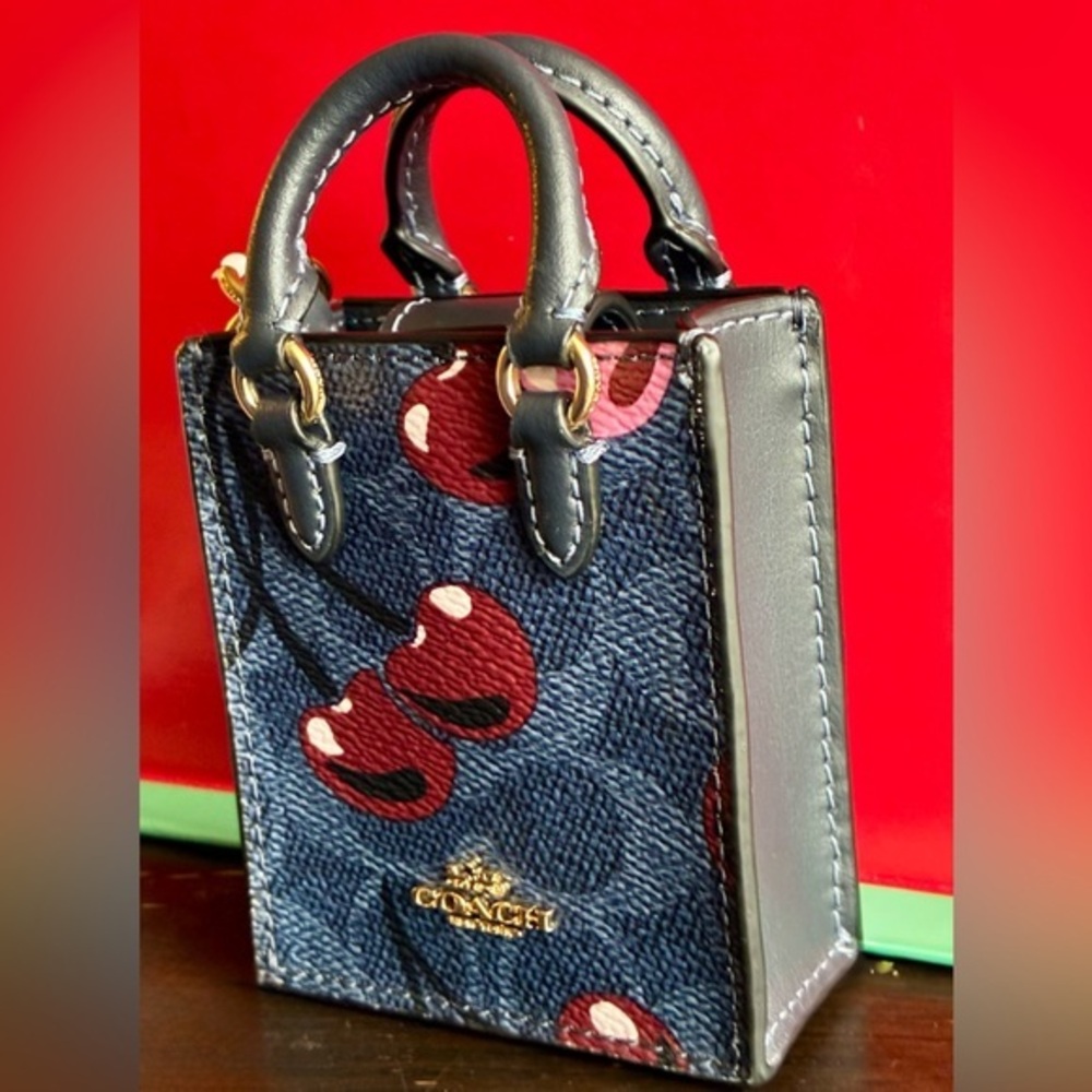 Coach Navy and Burgundy Cherry Print Key Holder